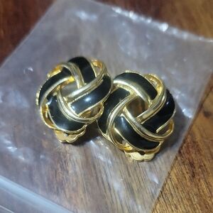 Gold and Black Enameled  Love Knot Clip On Earrings